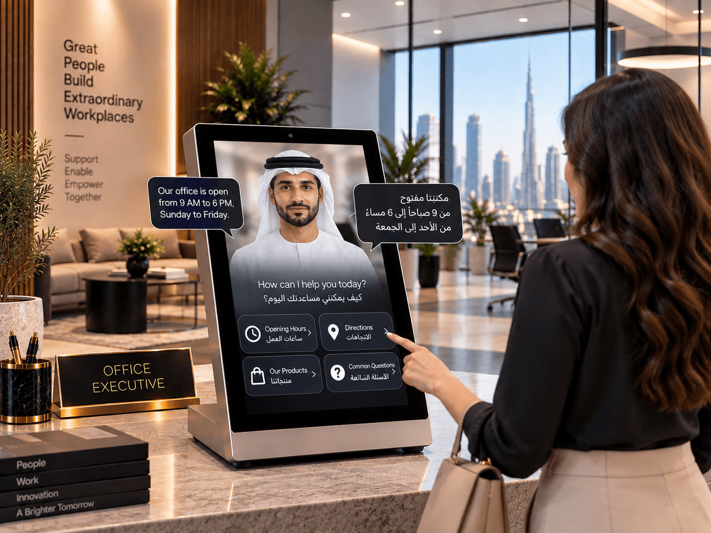 A visitor taps a Memorix tabletop AI host at an office reception, which answers with the opening hours in English and Arabic