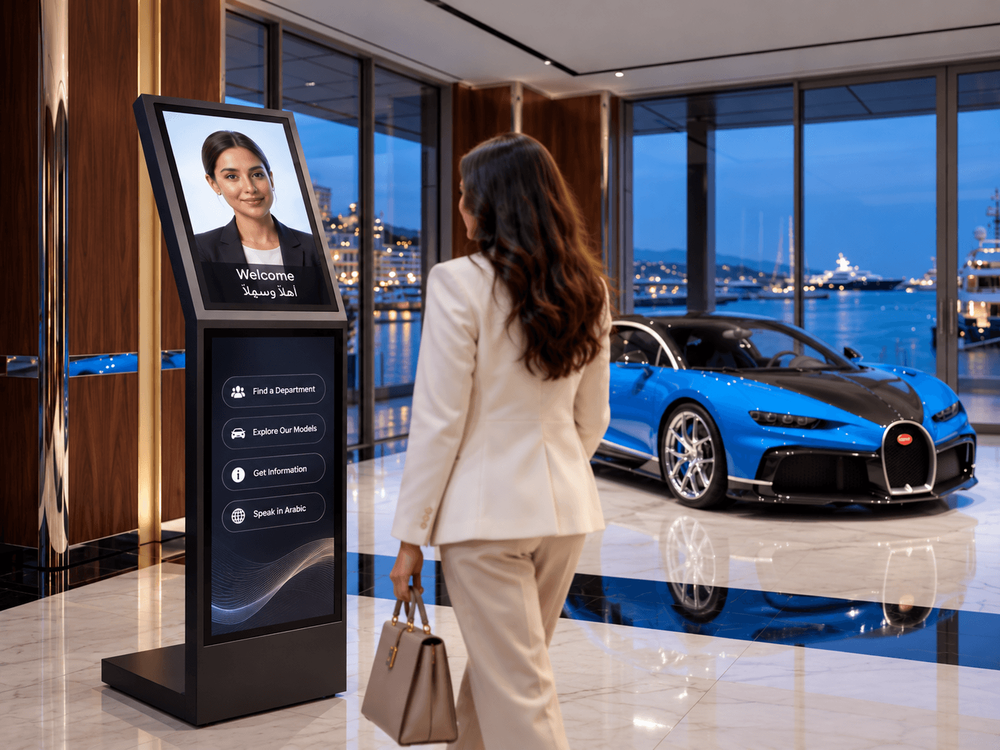 A visitor walks into a car showroom and the Memorix floor-standing AI host greets her with Welcome in English and Arabic