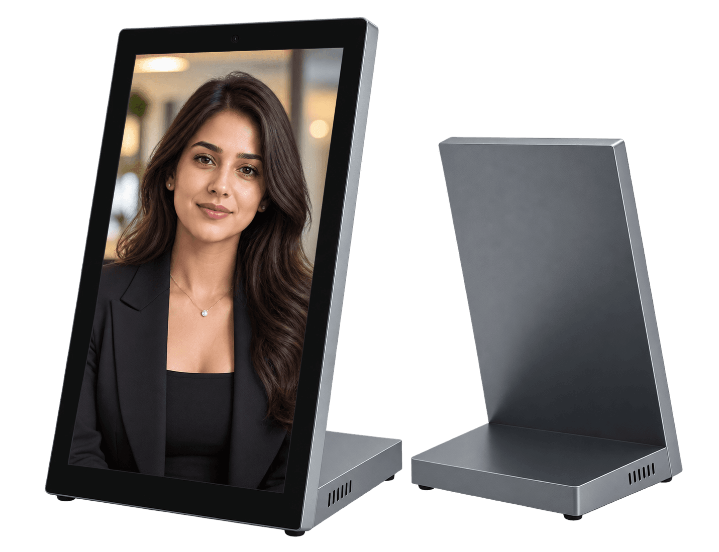 Memorix 13.3″ tabletop AI assistant, front and back, in its aluminium L-shaped stand