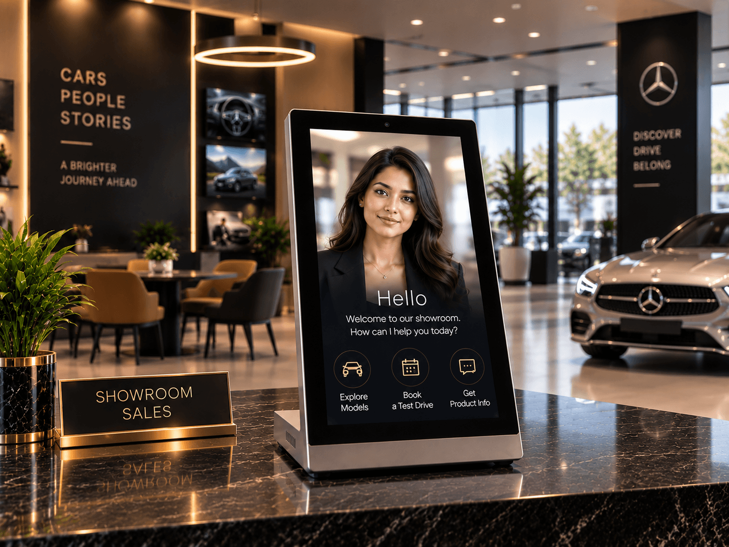Memorix 15.6″ tabletop AI kiosk on a car showroom counter, offering to explore models, book a test drive or get product info