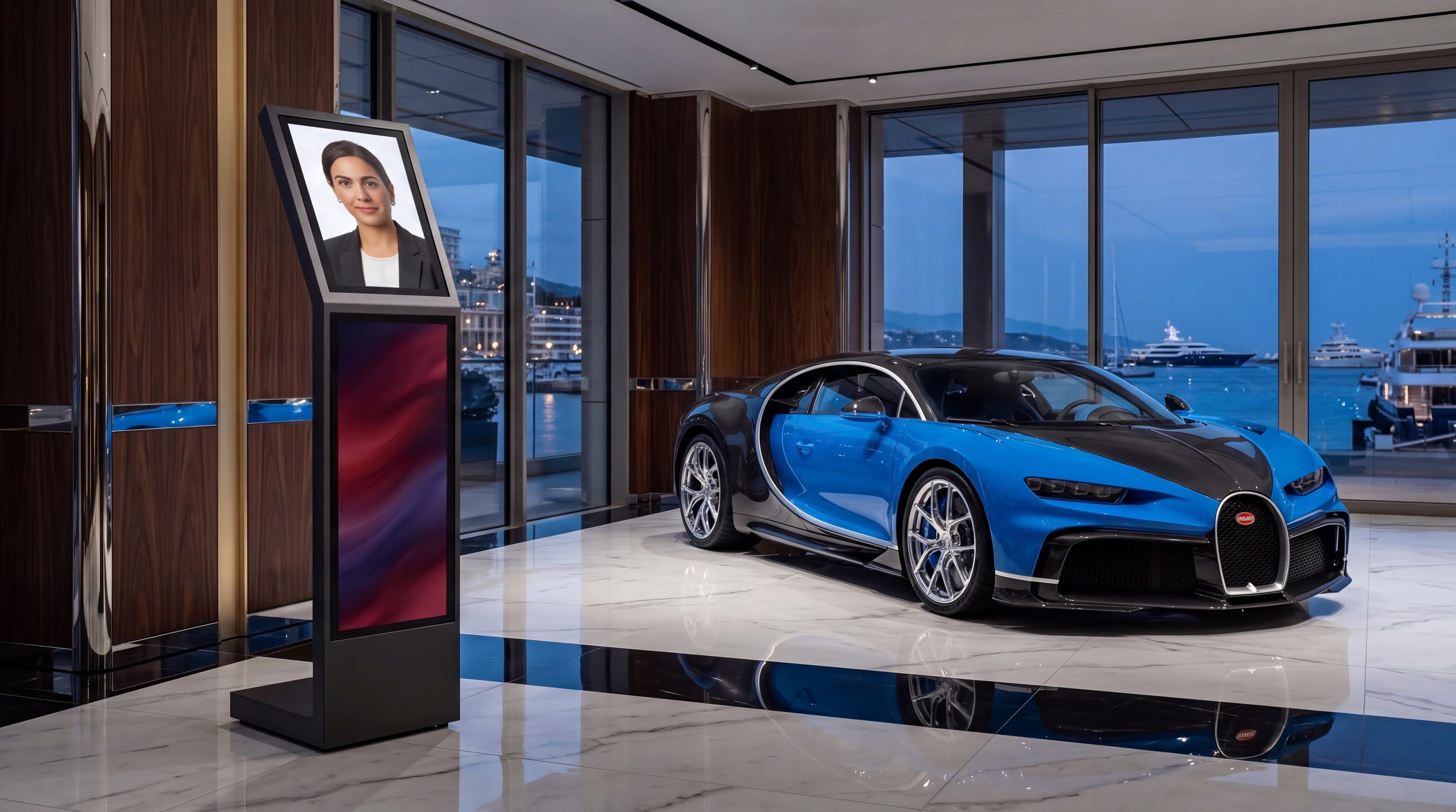 Memorix floor-standing AI kiosk beside a car on display in a showroom