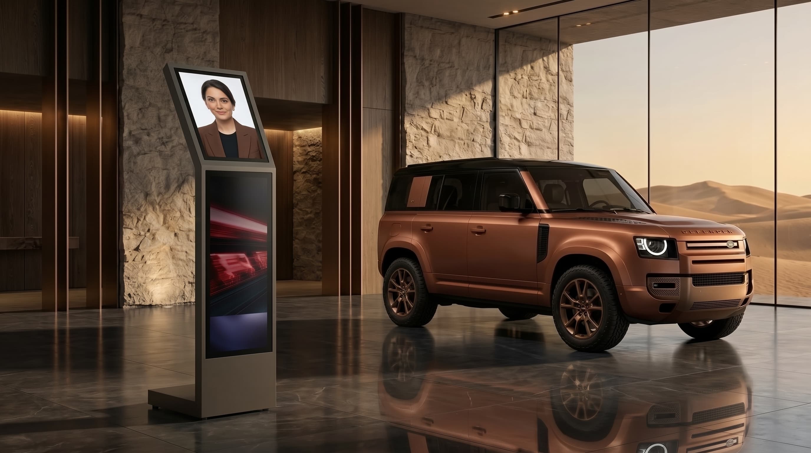 Memorix floor-standing AI kiosk beside a vehicle in a showroom with desert views