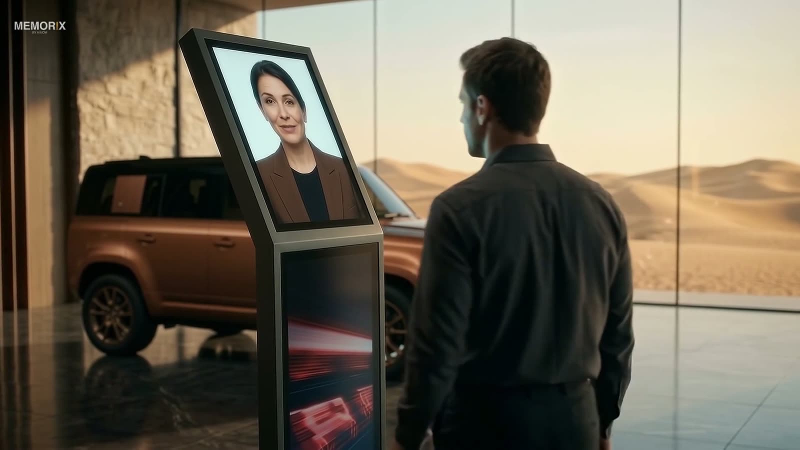 A visitor talking to the digital human on a Memorix floor-standing AI kiosk