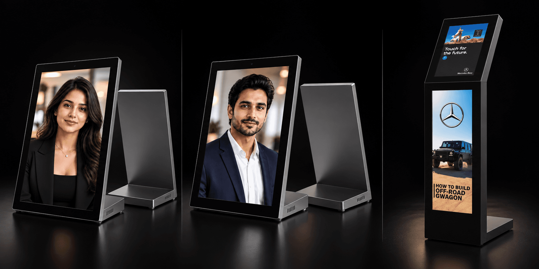 The Memorix range: two tabletop AI kiosks showing a digital human, and a floor-standing AI kiosk